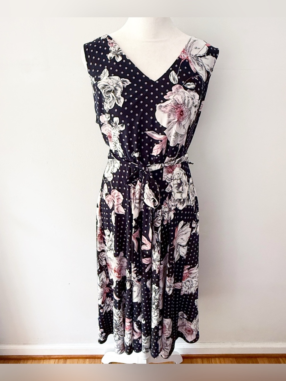 Tommy Hilfiger Women Floral Polka Dot Belted Dress Feminine Summer Modest Casual